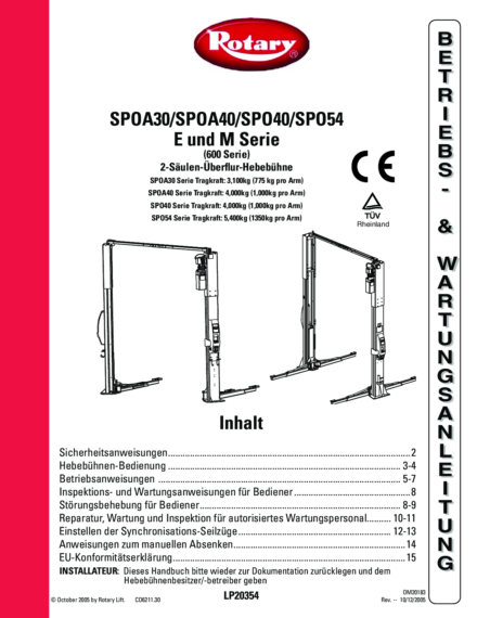 2 post lift spoa 30 40 spo 40 54 m e 600 with inspection book  om20183  2005  